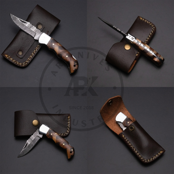 Handmade Damascus Steel Folding Pocket Knife – Perfect Father's Day Gift | Wood Handle