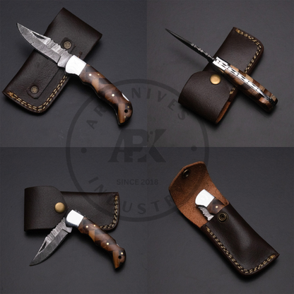 Handmade Damascus Steel Folding Pocket Knife – Perfect Father's Day Gift | Wood Handle