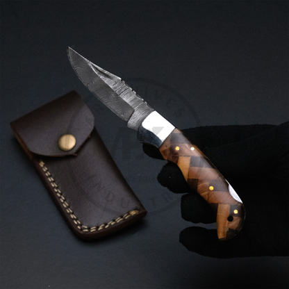 Handmade Damascus Steel Folding Pocket Knife – Perfect Father's Day Gift | Wood Handle